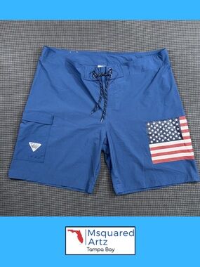 Columbia PFG Blue Board Shorts Size 42 Fishing Swim Trunks Flag Design